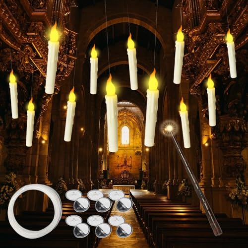 ZOYDP Schwebende Kerzen mit Zauberstab, 12 Stück Floating Candles, Flammenlose LED Fliegende Kerzen mit Timerfunktion, Harry Schwebende Kerzen für Weihnachten Halloween Party Tisch Deko von ZOYDP