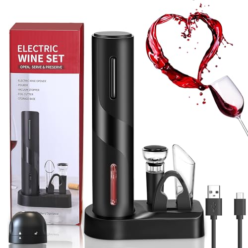 ZOYIDOUX 7 in 1 Wiederaufladbarer elektrischer Weinöffner Geschenkset Elektrischer Korkenzieher mit Sockel Cutter Silikon Vakuumstopfen Champagner Ausgießer USB Line von ZOYIDOUX