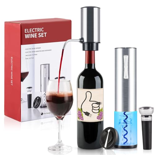 ZOYIDOUX Elektrischer weinbelüfter Set 4-in-1 Weinset mit Wiederaufladbarem Weinöffner, Wiederaufladbarem Weinbelüfter, Folienschneider und Vakuum Weinstopfen, Geschenkset für Weinliebhaber(Edelstahl) von ZOYIDOUX