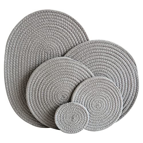 4er Set Platzsets Rund Geflochten Tischset, Boho Rund Platzset Tischsets Waschbar Platzteller Hitzebeständig für Küche Partz Hochzeit Platzdeckchen (Hellgrau,18cm) von ZOYIEP