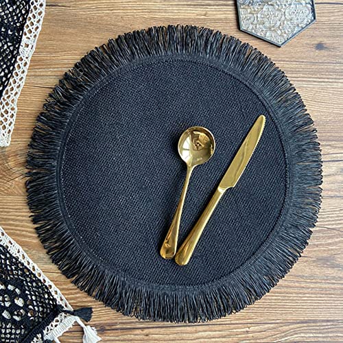 6PCS Tischset Rund, Platzset Rund Jute Handgewebt Quasten Rund Platzsets, Platzdeckchen Boho Retro Tischsets Abwaschbar Hitzebeständig Tischunterlagen (Schwarz) von ZOYIEP