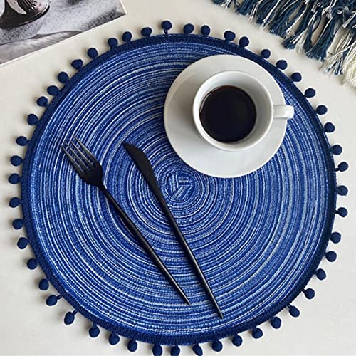 6er Set Tischset Rund, Tischsets Waschbar Rund Gewebte 38cm Platzsets Boho, Tischuntersetzer Pompom Quaste Untersetzer Hitzebeständig Rutschfest Platzteller (Blau,38cm) von ZOYIEP