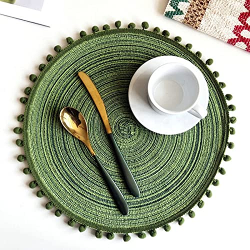 6er Set Tischset Rund, Tischsets Waschbar Rund Gewebte 38cm Platzsets Boho, Tischuntersetzer Pompom Quaste Untersetzer Hitzebeständig Rutschfest Platzteller (Grün,38cm) von ZOYIEP