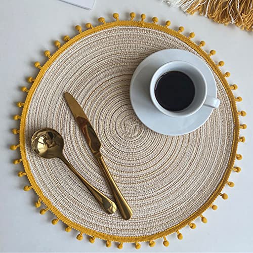 6er Set Tischset Rund, Tischsets Waschbar Rund Gewebte 38cm Platzsets Boho, Tischuntersetzer Pompom Quaste Untersetzer Hitzebeständig Rutschfest Platzteller (Khaki,38cm) von ZOYIEP