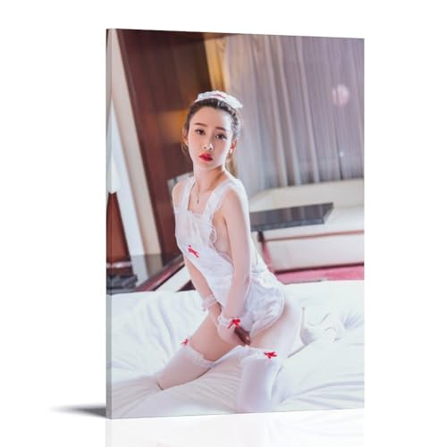 ZOZO HOUSE Girl in Nurse Uniform Kneeling on Bed Wandkunst 08x12inch(20x30cm) von ZOZO HOUSE