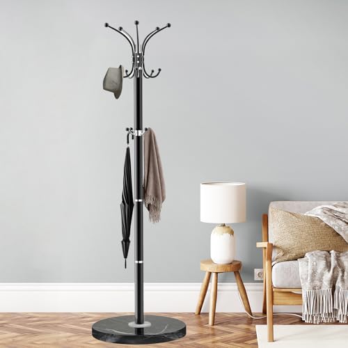 ZOZOE Garderobenständer aus Metall, Moderne Garderobenleiste Freistehend mit natürlichem Marmorsockel, 360° Drehdesign Garderobenständer mit 14 Haken, Garderobenbaum für Taschen, Hüte, Eingang, Büro von ZOZOE