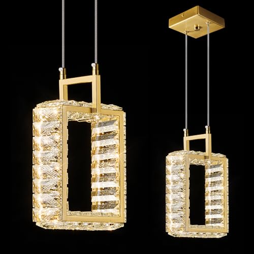 ZPBSJ Kücheninsel Mini Leuchte Moderne Led Kristall Hängeleuchte Gold Rechteck Kronleuchter 12W für Esszimmer Wohnzimmer Küche Schlafzimmer Bar(1-Licht) von ZPBSJ