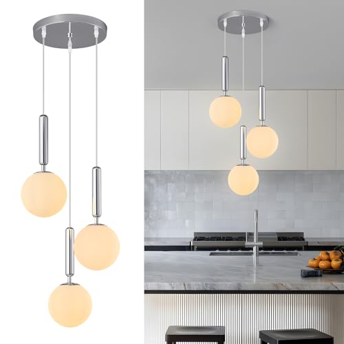 ZPBSJ Moderne Chromleuchte Pendelleuchte für Kücheninsel Mid Century Pendelleuchten mit Kugel milchig weißes Glas Pendelleuchte für Esszimmer Bad Eingang Schlafzimmer(3-Flammig) von ZPBSJ