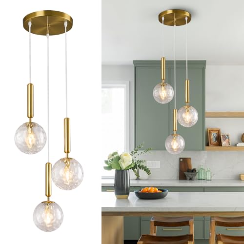 ZPBSJ Moderne Gold Leuchte Pendelleuchte für Kücheninsel Mid Century Pendelleuchten mit Kugel Klarglas Weißglas Pendelleuchte für Esszimmer Bad Eingang Schlafzimmer(3-flammig) von ZPBSJ