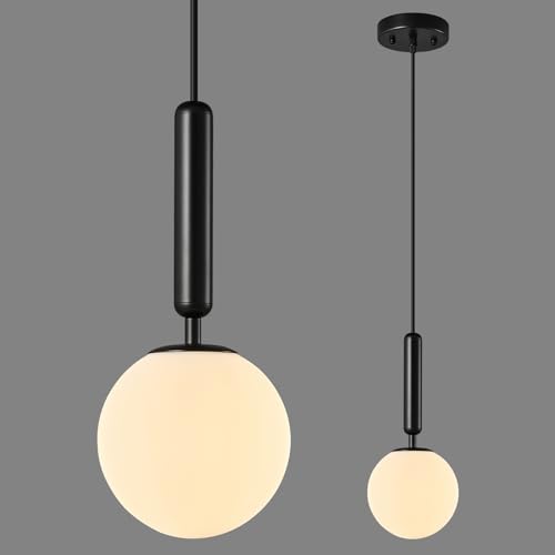 ZPBSJ Moderne schwarze Pendelleuchte für die Kücheninsel Mid Century Pendelleuchten mit Kugel milchig weißes Glas Pendelleuchte für Esszimmer Bad Eingang Schlafzimmer(1er-Pack) von ZPBSJ
