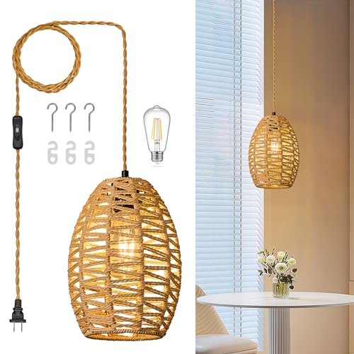ZPBSJ Rattan Plug in Pendelleuchte Boho Hängeleuchten Brown Hängeleuchten Höhenverstellbar Korb Lamp E27 Hängelampe für Schlafzimmer Wohnzimmer Bauernhaus(1Pack) von ZPBSJ