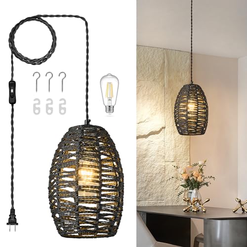 ZPBSJ Rattan Plug in Pendelleuchte Boho Hängeleuchten Schwarz Hängeleuchten Höhenverstellbar Korb Lamp E27 Hängelampe für Schlafzimmer Wohnzimmer Bauernhaus(1Pack) von ZPBSJ