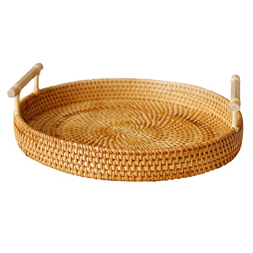 ZPSHYD Vielseitiges Rundes Geflochtenes Tablett Mit Griffen – Brot-, Obst-, Snack- Und Picknickkorb Handgeflochtenes Rattan-Tablett Für Aufbewahrung Stilvolles Essen Im Freien!(28cm Height 4cm) von ZPSHYD