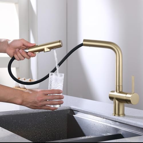 3 Wege Wasserhahn Küche Ausziehbar Messing Spültischarmatur 3 Wege-Gold Gebürstet von ZPSPZ