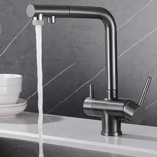 3 Wege Wasserhahn Küche Ausziehbar mit Brause Drehbar 2 Griffe Wasser Kalt und Heiß Gereinigtes Wasser Messing Mischbatterie Küche 3 Wege-Grau von ZPSPZ