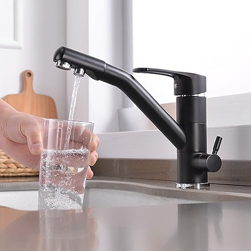 3 Wege Wasserhahn Küche Für Wasserfilter, Küchenarmatur 360° Schwenkbar Messing 3 in 1 Trinkwasserhahn Mischbatterie Küche-Schwarz von ZPSPZ