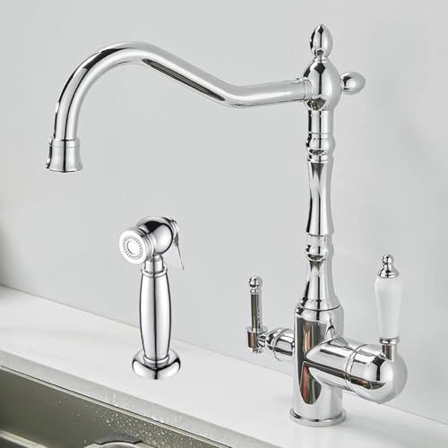 3 Wege Wasserhahn Küche Spülenarmatur mit Teleskopsprühpistole Wasser Kalt und Heiß Messing Schwenkbar-Verchromt von ZPSPZ