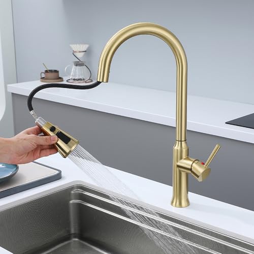Armatur Küche Ausziehbar Wasserhahn Küche mit Brause Edelstahl 3 Modus Mischbatterie Küche Ausziehbar Schwenkbar Einzelgriff Wasser Kalt und Heiß-Gold Gebürstet Armatur Küche Ausziehbar Wasserhahn Küche mit Brause Edelstahl 3 Modus Mischbatterie Küche Ausziehbar Schwenkbar Einzelgriff Wasser Kalt und Heiß-Gold Gebürstet von ZPSPZ