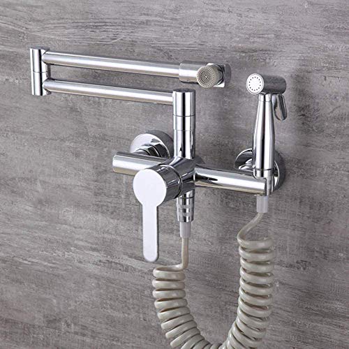Armatur Küche Wandmontage Messing Umklappbar, Mischbatterie Küche mit Spritzpistole Schwenkbar 360° Heiß und Kalt 2 Modi Wasserhahn Küche-Chrom von ZPSPZ