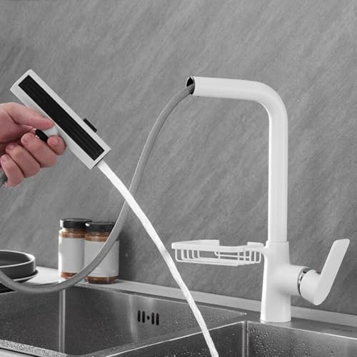 Küchenarmatur Ausziehbar mit Brause Drehen Mischbatterie Küche Ausziehbar Messing 4 Modus-Weiß von ZPSPZ