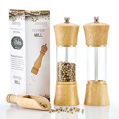 Gewürzmühle Holz 2 Set Salz und Pfeffer Mühle Manuell, Pfeffermühle Manuell Verstellbarem Keramikmahlwerk Acryl Pfeffer und Salzmühle Restaurant Küchen Camping- Nachzufüllen von ZPTAT