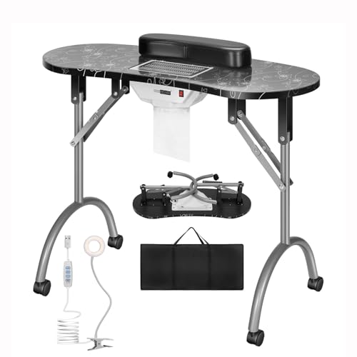 Klappbarer Maniküre-Nageltisch, Tragbare Nagelstation Beauty Technician Desk mit LED-Lampe, Handgelenkauflage, Abschließbare Räder und Tragetasche(Schwarz) von ZPVXRVQ