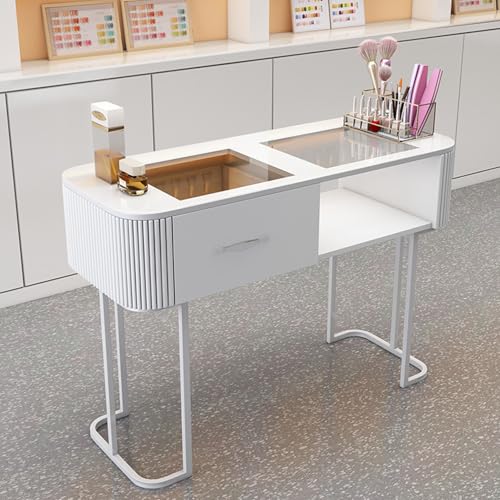 Professioneller Manikürtisch Glas-Tischplatte Nail Technician Workstation Art Desk mit Schublade und Offenen Regalen, Moderne Nagelablage Beauty Station(Style 1,100) von ZPVXRVQ