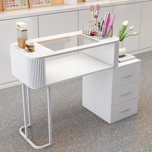 Professioneller Manikürtisch Glas-Tischplatte Nail Technician Workstation Art Desk mit Schublade und Offenen Regalen, Moderne Nagelablage Beauty Station(Style 2,80cm) von ZPVXRVQ