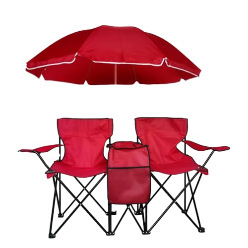 ZPVXRVQ Doppelt klappbarer Campingstuhl mit Sonnendach, tragbarer Outdoor-Stuhl mit Armlehnen und Kühltasche, zum Angeln, für Strandausflüge und Picknicks(Red) von ZPVXRVQ