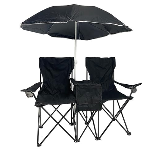 ZPVXRVQ Doppelt klappbarer Campingstuhl mit Sonnendach, tragbarer Outdoor-Stuhl mit Armlehnen und Kühltasche, zum Angeln, für Strandausflüge und Picknicks(Schwarz) von ZPVXRVQ