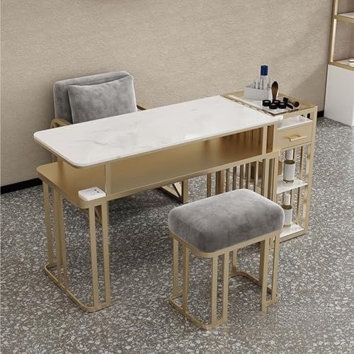 ZPVXRVQ Marmornageltisch mit Doppeltem Ablagefach Heavy Duty Stahlrahmen Maniküre Pediküre Station, Manikürtisch mit Weißem Marmordruck(100x40x78cm) von ZPVXRVQ