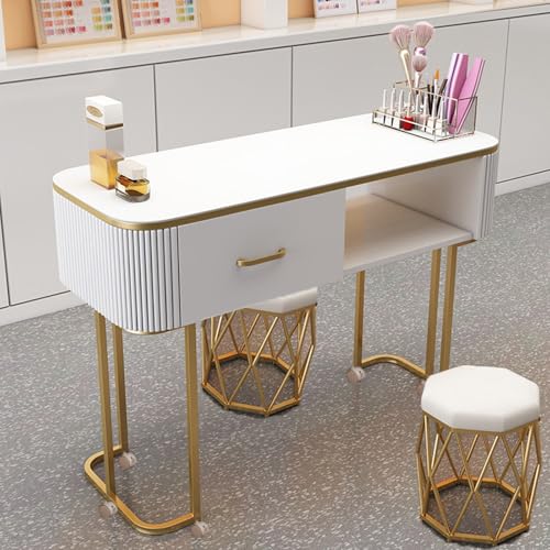 ZPVXRVQ Moderne Nagelstation mit Schubladen und Offenem Regal, Schreibtisch Aus Glas, Metallständer mit 6 Beweglichen Rädern, Professioneller Manikürtisch für Salon, Spa, Beauty(100) von ZPVXRVQ