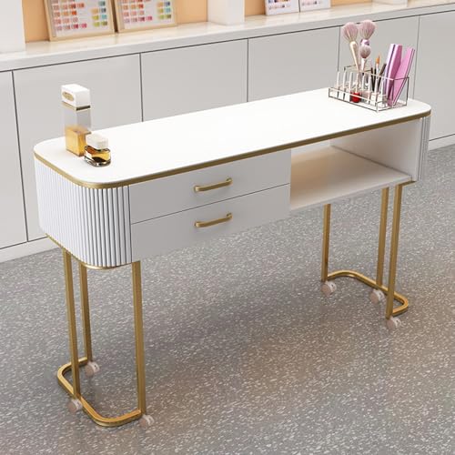 ZPVXRVQ Moderne Nagelstation mit Schubladen und Offenem Regal, Schreibtisch Aus Glas, Metallständer mit 6 Beweglichen Rädern, Professioneller Manikürtisch für Salon, Spa, Beauty(120) von ZPVXRVQ
