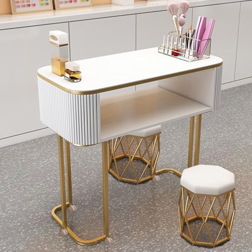 ZPVXRVQ Moderne Nagelstation mit Schubladen und Offenem Regal, Schreibtisch Aus Glas, Metallständer mit 6 Beweglichen Rädern, Professioneller Manikürtisch für Salon, Spa, Beauty(80cm) von ZPVXRVQ