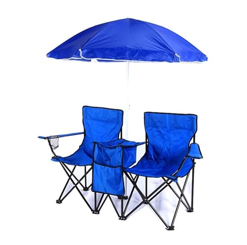 ZPVXRVQ Tragbarer Doppel-Campingstuhl mit Sonnenschirm Klappbarer Picknick-Zweisitzer mit Tragetasche, Seitentasche, Getränkehalter, Strandstuhl für Picknick, Angeln, Strand(Blue) von ZPVXRVQ