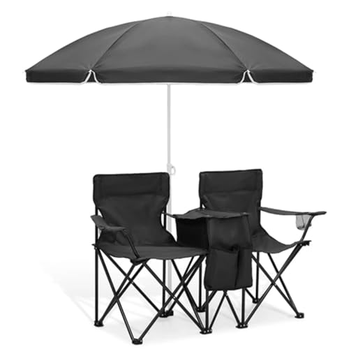 ZPVXRVQ Tragbarer Doppel-Campingstuhl mit Sonnenschirm Klappbarer Picknick-Zweisitzer mit Tragetasche, Seitentasche, Getränkehalter, Strandstuhl für Picknick, Angeln, Strand(Schwarz) von ZPVXRVQ