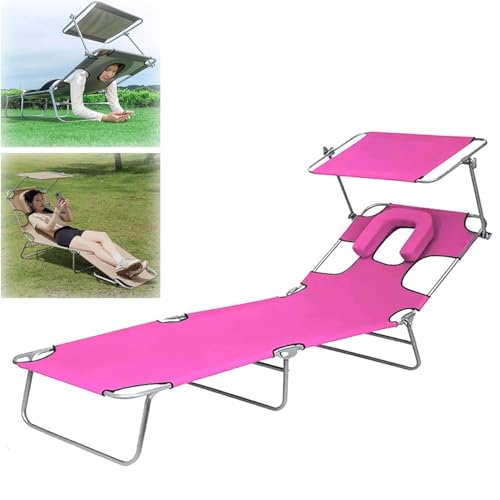 ZQBXHDZW Folding Sun Lounger with Shade,Recliner Chair Backrest 4-Way Adjustable,Sonnenliege Gartenliege Sonnenmatte Liegematte FüR Balkon,Terrasse,Camping,Strand(Color:Rose Red) von ZQBXHDZW