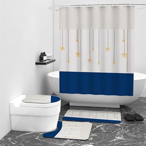 Badezimmerteppich Blaue Sterne Gelb Bad Teppiche Set 3 Teilig,rutschfeste Badematte (45x75cm)+U-Typ Wasseraufnahme Bath Mat +Schnelltrocknend Toilet Fußmatte von ZQMHCY