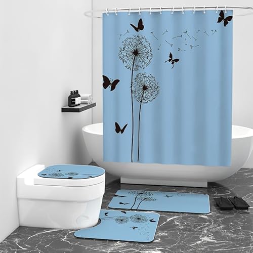 Badezimmerteppich Blauer Löwenzahn Schwarz Bad Teppiche Set 3 Teilig,rutschfeste Badematte (50x80cm)+U-Typ Wasseraufnahme Bath Mat +Schnelltrocknend Toilet Fußmatte von ZQMHCY