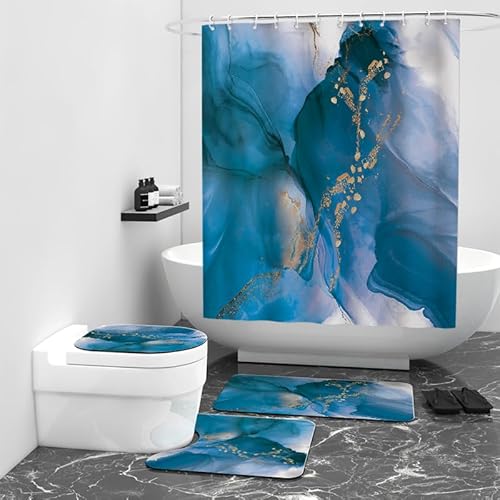 Badezimmerteppich Blauer Marmor Golden Bad Teppiche Set 3 Teilig,rutschfeste Badematte (45x75cm)+U-Typ Wasseraufnahme Bath Mat +Schnelltrocknend Toilet Fußmatte von ZQMHCY