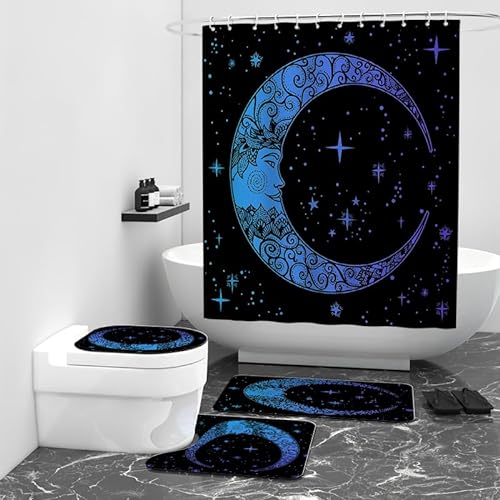 Badezimmerteppich Blauer Mond Lila Bad Teppiche Set 3 Teilig,rutschfeste Badematte (45x75cm)+U-Typ Wasseraufnahme Bath Mat +Schnelltrocknend Toilet Fußmatte von ZQMHCY