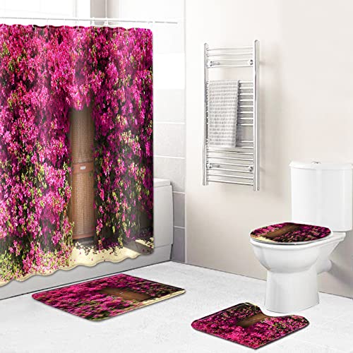 Badezimmerteppich Fuchsia Blumentür Badematte Set 3 Teilig,Teppich Badvorleger rutschfeste (45x75)+U-Typ Wasseraufnahme Schmutzfangmatte +Schnelltrocknend Toilet Fußmatte von ZQMHCY