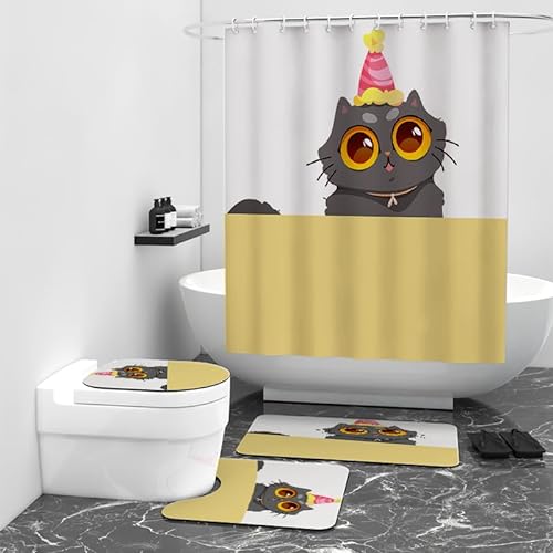 Badezimmerteppich Gelbe Graue Katze Bad Teppiche Set 3 Teilig,rutschfeste Badematte (50x80cm)+U-Typ Wasseraufnahme Bath Mat +Schnelltrocknend Toilet Fußmatte von ZQMHCY