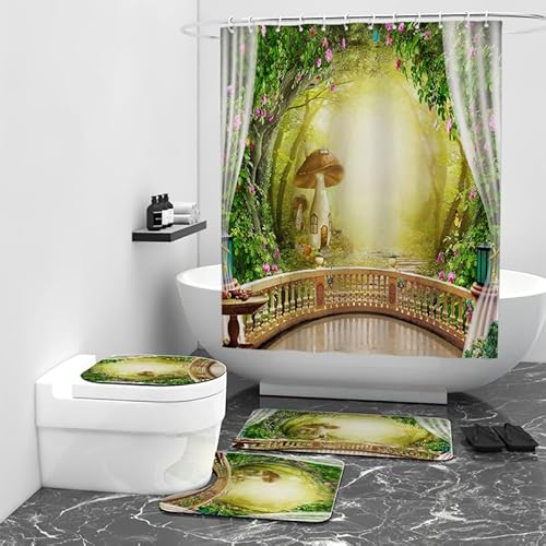 Badezimmerteppich Gelbgrüne Pilze Bad Teppiche Set 3 Teilig,rutschfeste Badematte (50x80cm)+U-Typ Wasseraufnahme Bath Mat +Schnelltrocknend Toilet Fußmatte von ZQMHCY