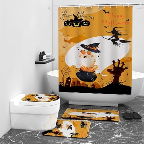 Badezimmerteppich Halloween Schwarz Orange Bad Teppiche Set 3 Teilig,rutschfeste Badematte (45x75cm)+U-Typ Wasseraufnahme Bath Mat +Schnelltrocknend Toilet Fußmatte von ZQMHCY