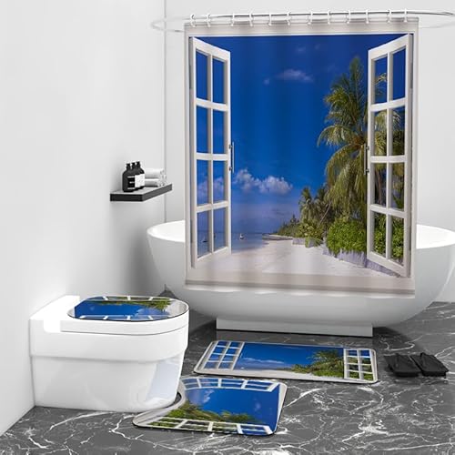 Badezimmerteppich Himmelblau Tropical Bad Teppiche Set 3 Teilig,rutschfeste Badematte (45x75cm)+U-Typ Wasseraufnahme Bath Mat +Schnelltrocknend Toilet Fußmatte von ZQMHCY
