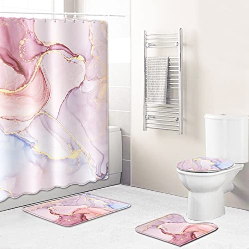 Badezimmerteppich Marmor Rosa Flieder Badematte Set 3 Teilig,Teppich Badvorleger rutschfeste (50x80)+U-Typ Wasseraufnahme Schmutzfangmatte +Schnelltrocknend Toilet Fußmatte von ZQMHCY