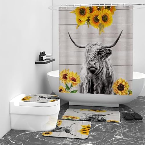 Badezimmerteppich Sonnenblumenrinder Bad Teppiche Set 3 Teilig,rutschfeste Badematte (45x75cm)+U-Typ Wasseraufnahme Bath Mat +Schnelltrocknend Toilet Fußmatte von ZQMHCY