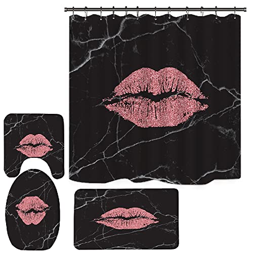 Duschvorhang Rosa Lippen Schwarz Badezimmerteppich 4-Teiliges Set, Duschvorhang 180x180 Polyester+Badematte rutschfeste(50x80)+U-Typ Teppich Wasseraufnahme Schmutzfangmatte+Toile Fußmatte von ZQMHCY