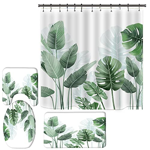 Duschvorhang Salbei Grün Weiß Badezimmerteppich 4-Teiliges Set, Duschvorhang 180x180 Polyester+Badematte rutschfeste(50x80)+U-Typ Teppich Wasseraufnahme Schmutzfangmatte+Toile Fußmatte von ZQMHCY